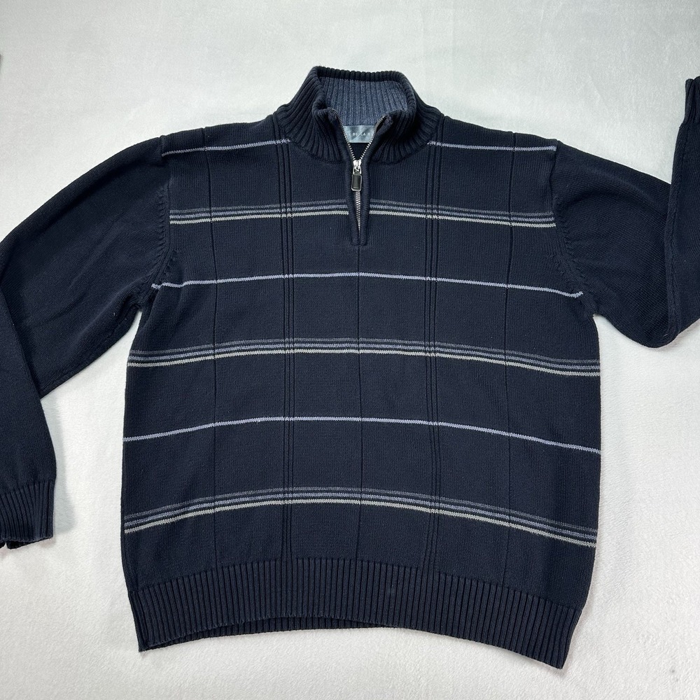 Oscar De La Renta Sweater Men's XL Blue 1/4 Zip Pullover Striped Preppy Classic
